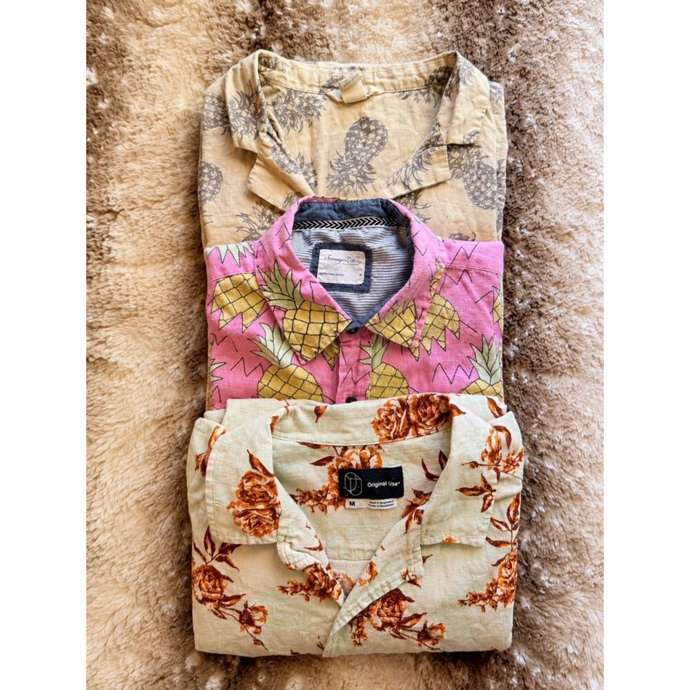 M/L Mens Linen Blend funky Tropical  Pineapple Resort Shirt Bundle